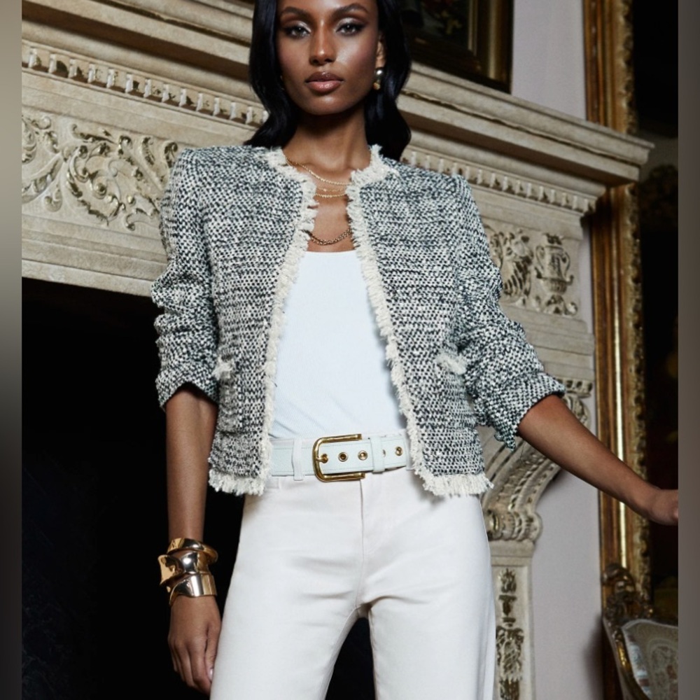 NWT $650 L'Agence Angelina Metallic Shimmering Tweed with Fringed Trim Blazer